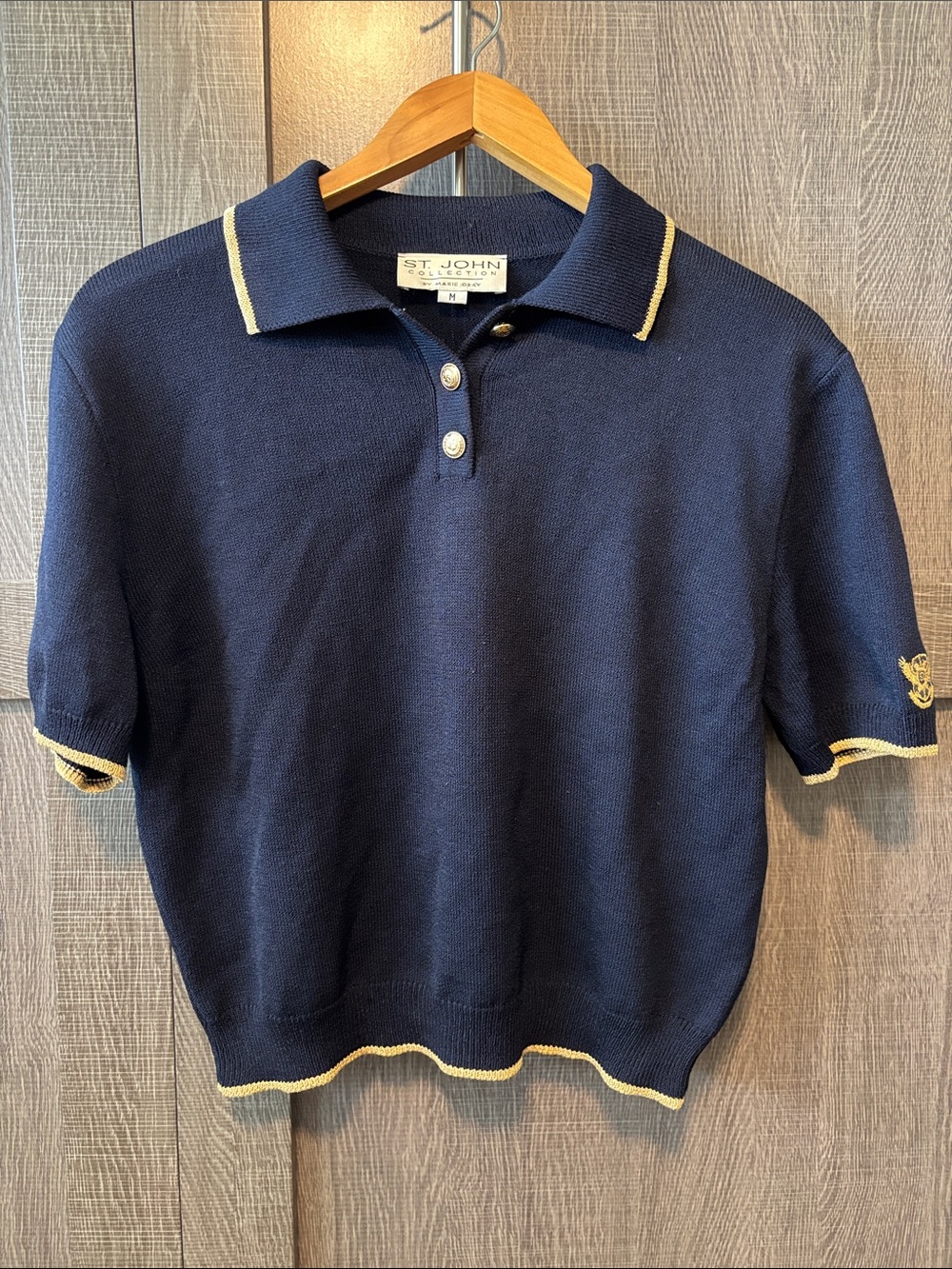Vintage St. John Navy V-Neck Short Sleeve Sweater with Gold Trim